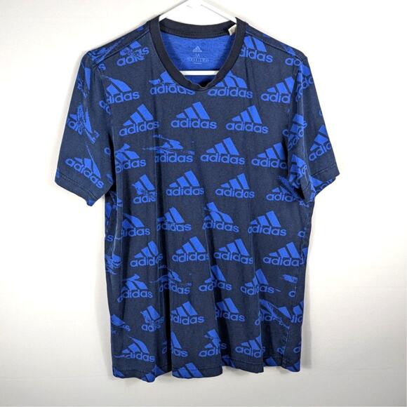 adidas Other - Adidas Men’s M Allover Logo T-Shirt Blue Black Graphic Short Sleeve Cotton Tee